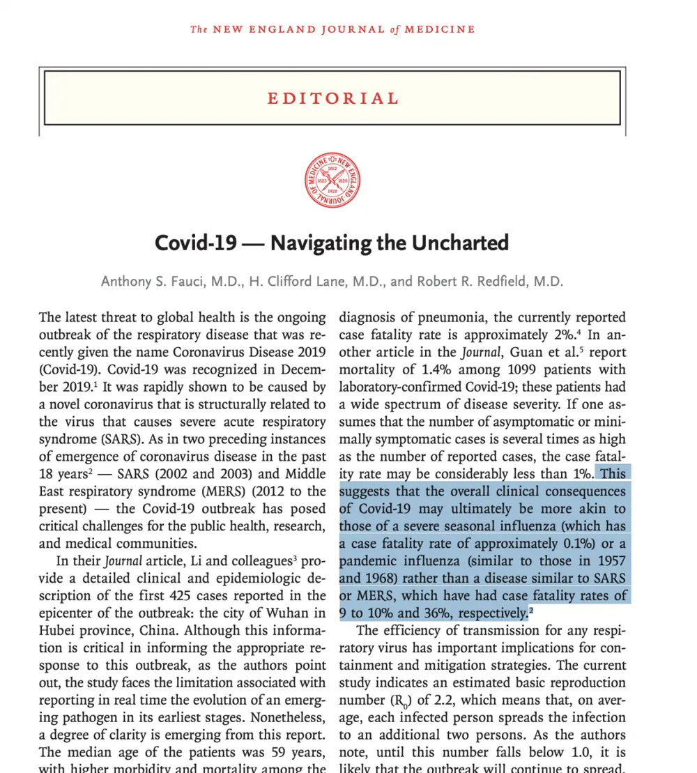 Dr. Fauci NEJM Editorial Suggests That COVID-19 Fatality Rates May Be 10x Lower Than Official Projections